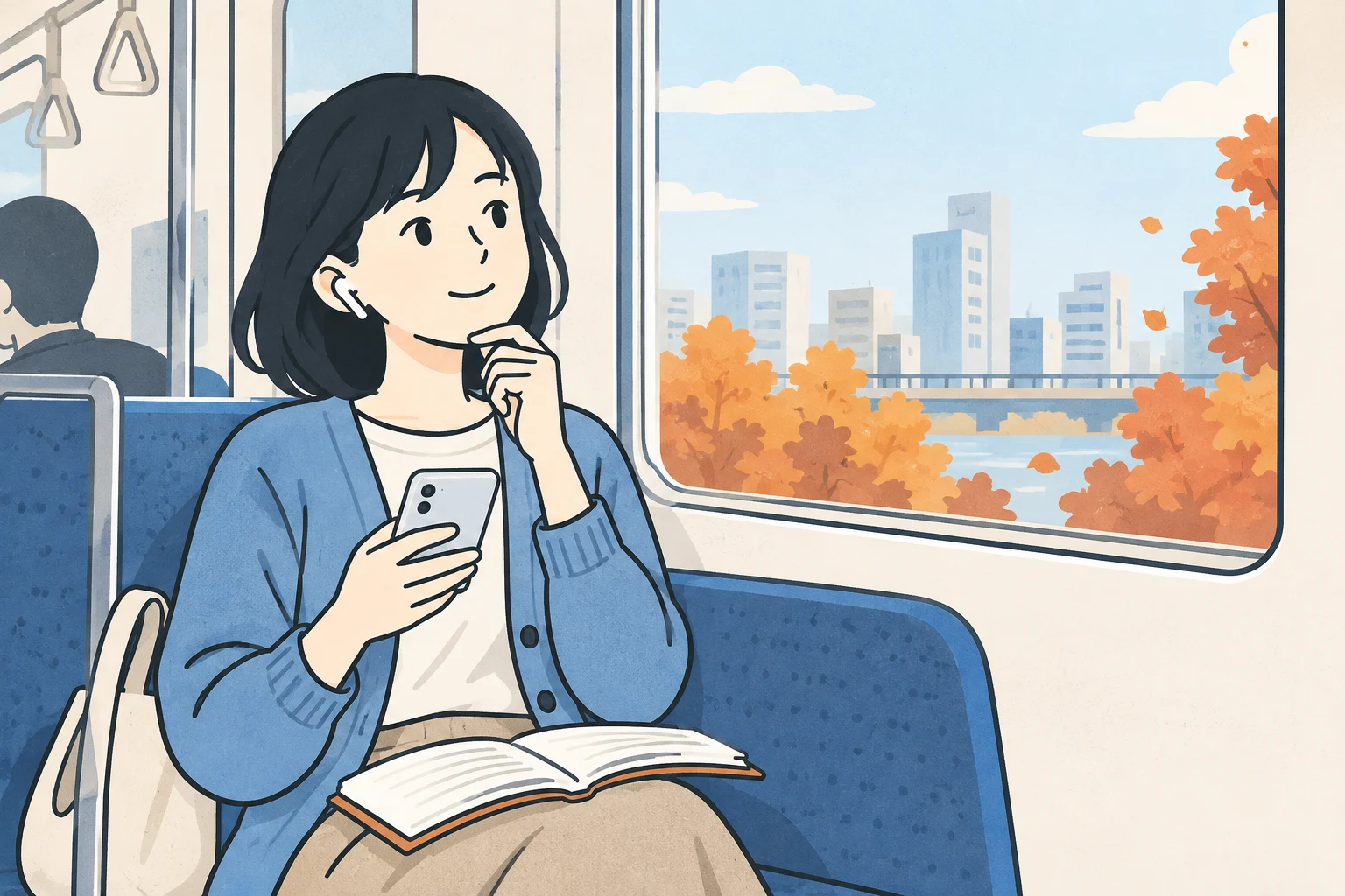 電車でイヤホンを使い、学んだことを思い出す学生