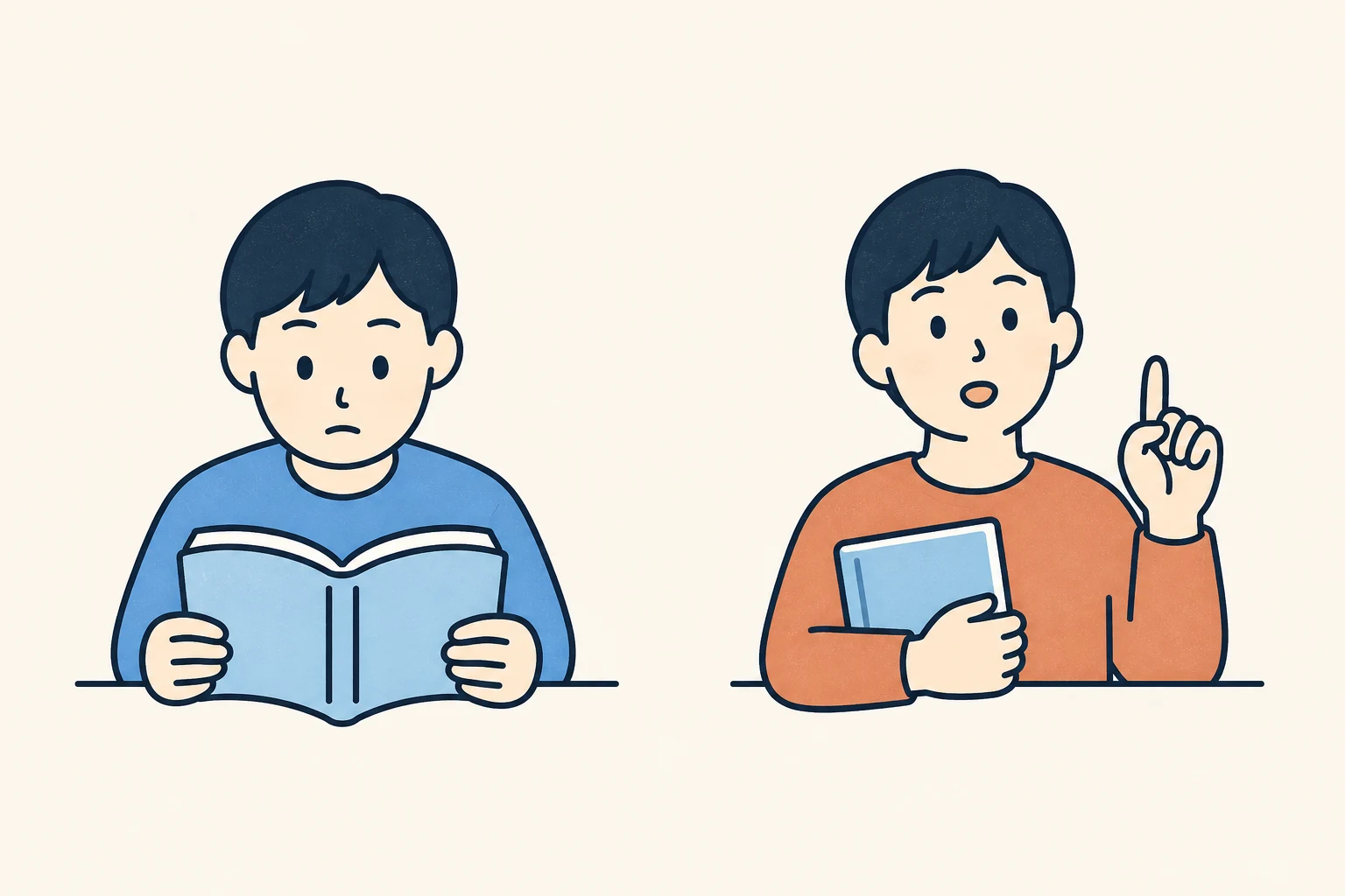 左は教科書を読む人、右は教科書を閉じて内容を思い出す人